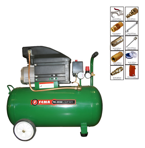 COMPRESOR FEMA 2,5 HP  X   50  LT.220 V.+KIT 10PZ    DOS MANOMETROS - UNA SALIDA VALVULA ESFERICA
KIT DE 10PZ (pico inflar neumaticos. aguja para inflar-racor macho-racor hembra-dos entreroscas-pistola sopleterar.cinta teflon-acople rapido-manguera espiralada con terminales-)