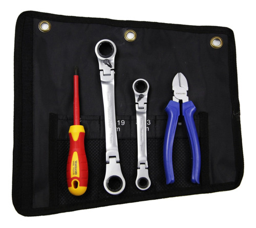 [FE69420923] LLAVE COMBINADA KIT 4 PZ.+2C/CRIQUE-PINZA CORTE    4EN 1-FLEXIBLE Y REVERSIBLE 8-10-12-13  Y 16-17-18-19
1-ALICATE 7" +1DESTORNILLADOR 6,5X150