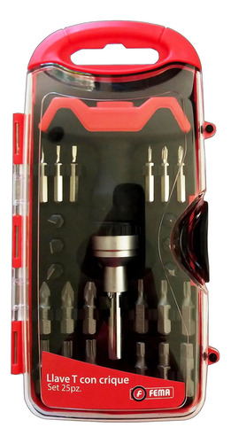 DESTOR. SET 25 PZ.    Phillips 1-2-3-Pozidriv-1-2-3-Recta 4-5-6-
Exagonal 4-5-6-Torx T10-T15-T20-T25-T27-T30-(Puntas precision Phillips 00-0-1-Recta 1-1,5-2 mm-)Llave T crique-