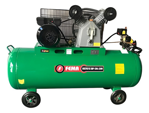 COMPRESOR FEMA A CORREA 120 LITROS-3  HP - 220V -    DOS MANOMETROS - UNA SALIDA VALVULA ESFERICA
TAMAÑO CAJA  0,119*0,4*0,86 M