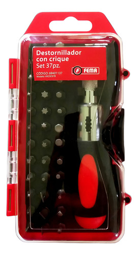 [FE69401137] DESTOR. SET 37 PZ. PUNTAS 25MM    Phillips 0-1-2-3-Pozidriv-0-12-3-Cuadrada 0-1-2-3-Recta 3-4-5-6-7-
Exagonal 2-3-4-5-6-1/8-5/32-3/16-7/32-1/4-Torx T10-T15-T20-T25-T27-T30-T10-Porta puntas c/crique