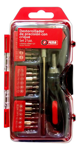 [FE69401121] DESTOR. SET 21 PZ.    Phillips 00-0-1-2-Pozidriv-0-12--Recta 1-1,5-2-2,5-3-3,5-4-5-6-7-
Hexagonal 0,9-1,3-1,5-2-2,5-Porta puntas c/crique--Magnetizador-
extencion flexible 120mm- Medidas: 38*37,5*18,5cm- 1kg