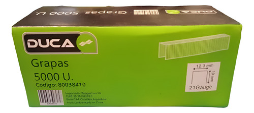 GRAPA U 12,3  X 10 MM.(5000PZ)-8410    20 cajas. x caja.
TAMAÑO CAJA 0,29*0,24*0,145 M