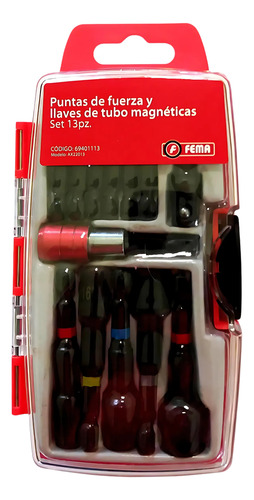 DESTOR. SET 13 PZ. PUNTAS 50MM    Phillips 1-2--Cuadrada 1-2-Recta 3/16-1/4-
Tubo Exagonal magnetico 1/4-5/16-3/8-7/16-1/2-Adaptador 50 mm 3/8- Portapuntas liveracion rapida,