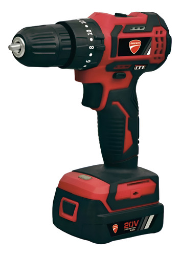 TALADRO DUCATI - A BATERIA  20V.- 2,0Ah-MANDRIL 10MM -SIN CARBONES    VELOCIDAD VARIABLE IMPACTO 0-60000/0-19500 RPM-TORQUE 27 N.M.-