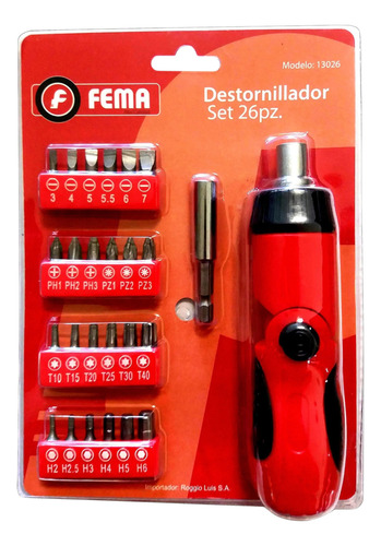 DESTOR. SET 26 PZ.    Phillips 1-2--3-Pozidriv-0-1 2-3-Recta 2-3-4-5,5-6-7-Torx T10-T15-20-T25-T30-T40-Hexagonal 2-2,5-3-4-5-6-Adaptador magnetico 60mm-
Llave  crique 3 posiciones-